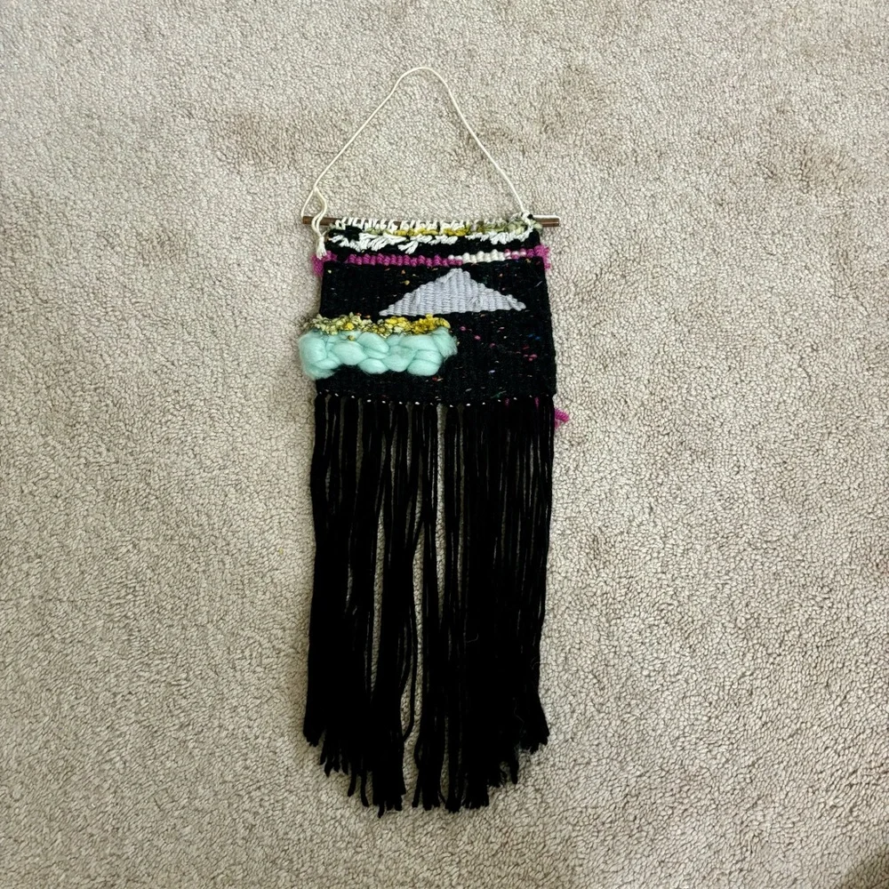 Handwoven Wall Hanging Textile Tapestry Fringe Bohemian Boho 3D Braided Black
